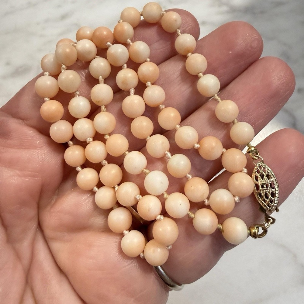 Vintage Angel Skin Coral 6mm Beaded Necklace 14k Gold Filled Clasp 17"